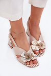 Leather Women's Heeled Sandals With Flowers Beige Laura Messi 2950