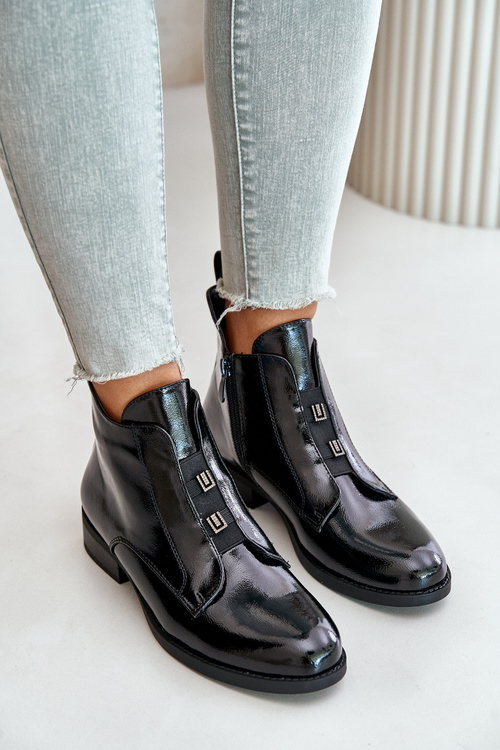 Botki Lakierowane Zamek Płaski Obcas Ocieplane Czarne HY42-717