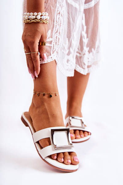 Women's Leather Slippers With Decoration White Roysa