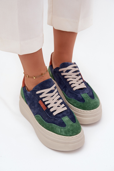 Damskie Sneakersy Skóra Naturalna Platforma Zielono-Granatowe Zazoo N1269S3
