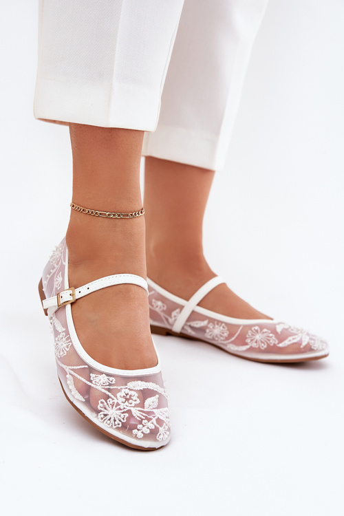 Mesh Ballet Flats With Embroidery And Decoration White Tillilora