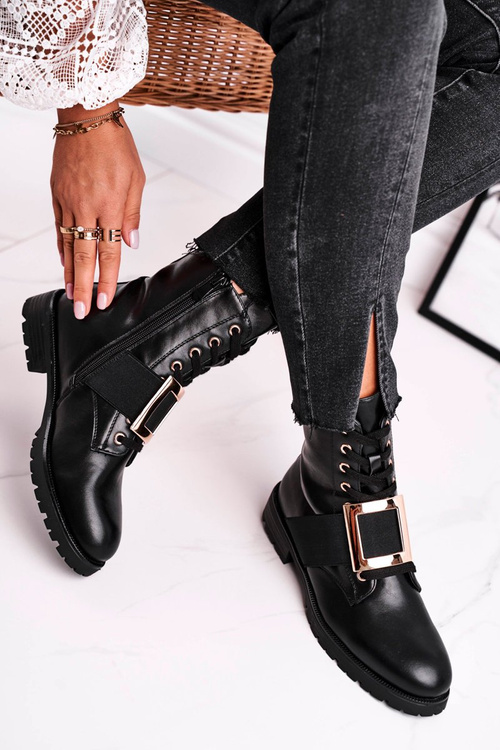 Botki Damskie Ze Złotą Klamrą Happy Su Czarne