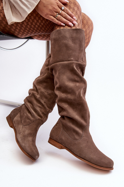 Women's Suede Boots To The Knee Maciejka 05790-04 Beige