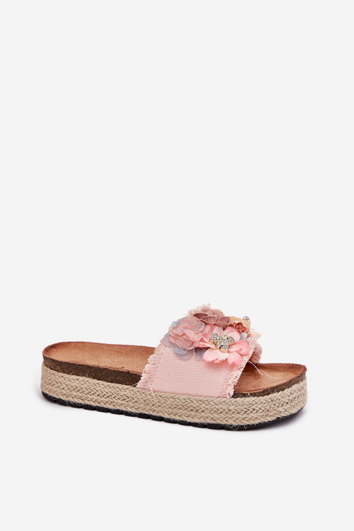 Ladies Platform Sandals With Braiding And Flowers Pink Chellia