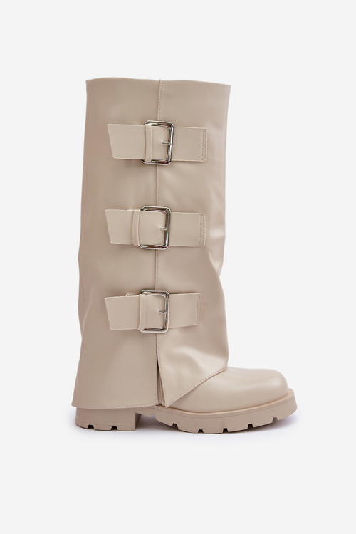 Warm Boots With Folded Shaft And Buckles Light Beige Cialetta