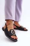 Elegant Women's Sandals with Gold Decoration on Flat Heel Black S.Barski KV27-053