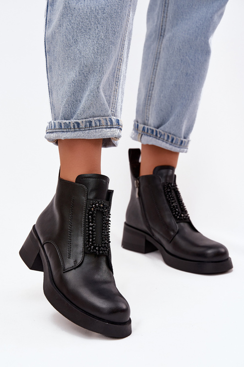 Leather Women's Block Heel Boots with Ornament D and JC52-869 Black