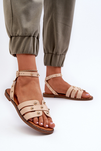 Embellished Women's Flat Sandals in Beige Ianaera