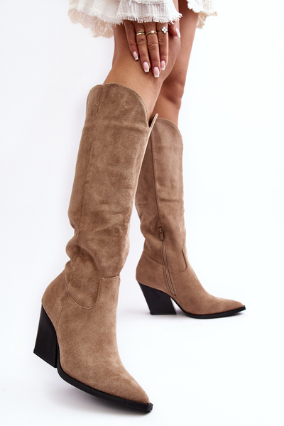 Kozaki Kowbojki Modne Zamsz Beżowe Delia WS105