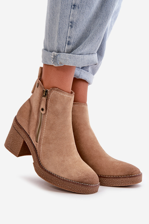 Damskie Ocieplane Botki Eko Zamszowe Na Słupku Beżowe Velarilla