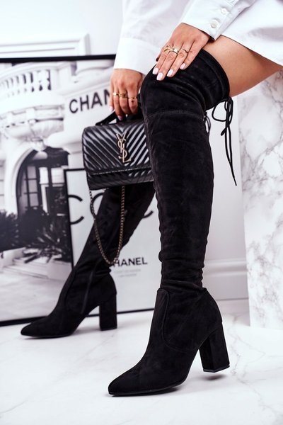 Women's High Boots Block Heel Suede Black Milwa