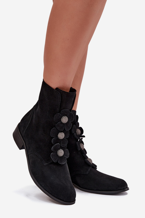 Suede women's ankle boots Zazoo 3085 black with decorative flowers
