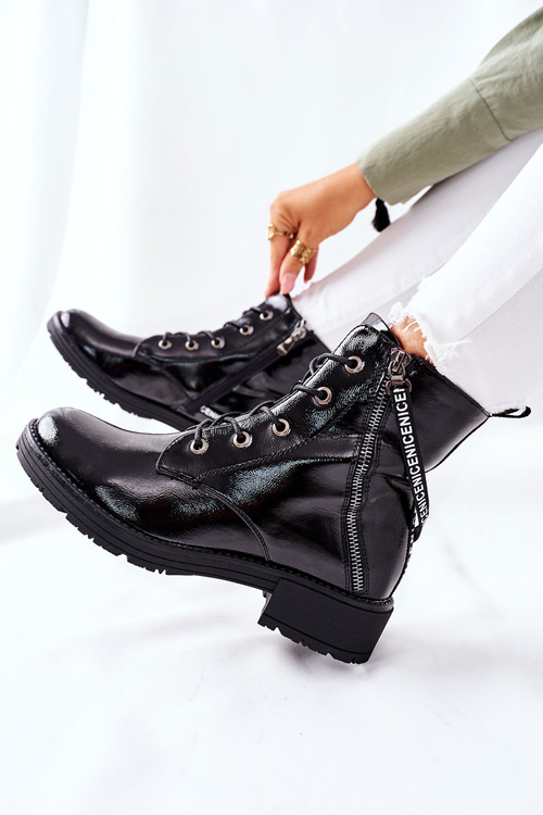 Women's Flat Boots Workers Lacquered Black Goorey