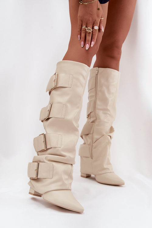 Women's High Heel Boots with Turned-up Shaft and Golden Buckles Light Beige Isavelle