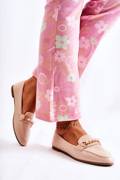 Women's Leather Loafers With Decorative Pearls Beige Sergia