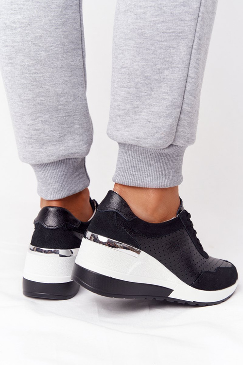 Ażurowe Skórzane Sneakersy Na Koturnie S.Barski Czarne