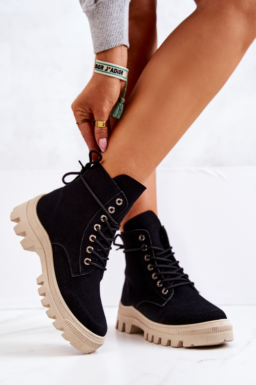 Botki Trapery Zamszowe Wiązane Czarne Hurricane