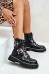 Lacquered Worker Boots With Buckles Black Serizia