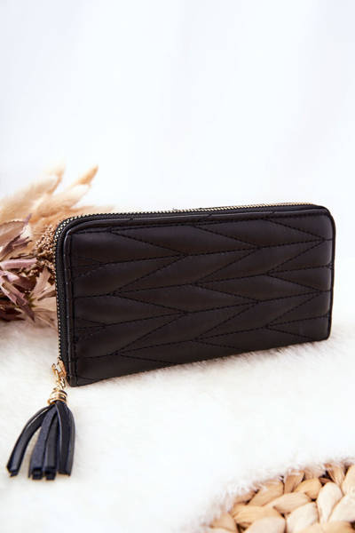 Large Quilted Zip Wallet with Strap Black