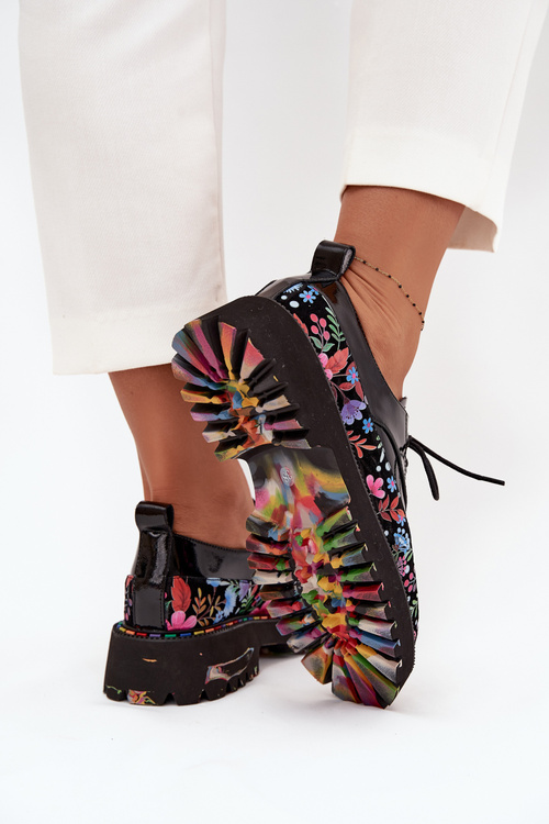 Damskie Półbuty Lakierowane Skóra Wzór Kwiaty Czarne Artiker 57C0174