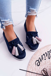 Women's Leather Suede Tassel Moccasins Navy Blue Batist