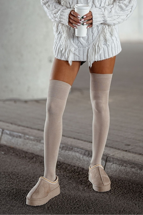 Women's Cotton Smooth Beige Over-the-Knee Socks