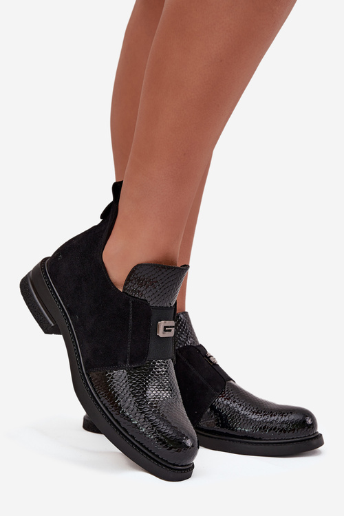 Damskie Botki Niski Obcas Lakierowane Ocieplane Czarne Vinceza 58560