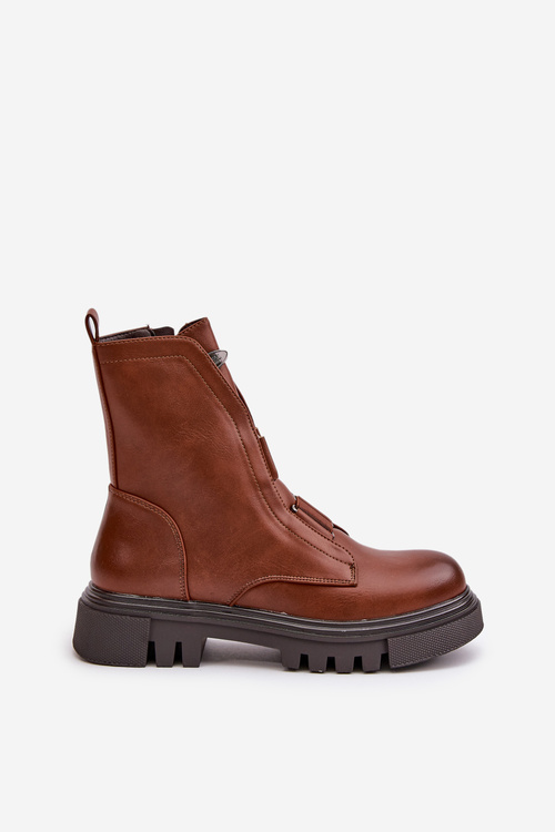 Warm ankle boots worker ladies with zipper eco leather brown Mailyra