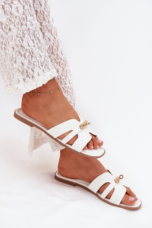 Damskie Płaskie Klapki Paseczek I Złoty Detal Białe Kerenza