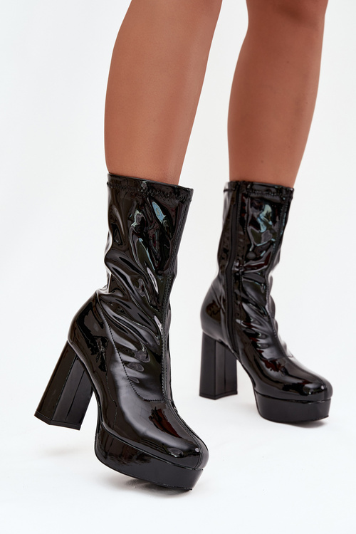 Patent leather women's ankle boots on platform and wedge heel black Calvessa
