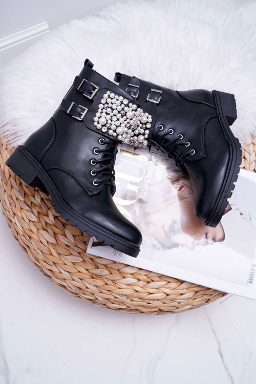 Women's Flat Heel Military Boots Black Bemmer