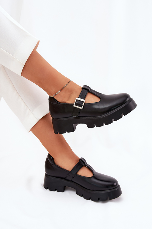 Eko Skórzane Półbuty Na Platformie I Płaskim Obcasie Z Klamrą Czarne Venda