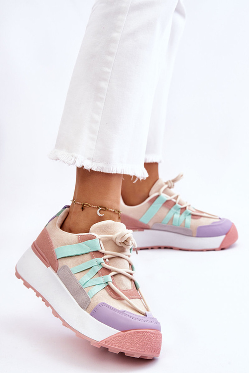 Buty Sportowe Damskie Zamsz Platforma Beżowo-Różowe Rohan