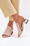 Damskie Klapki Złoty Obcas Słupek Jasnobeżowe Tessira 