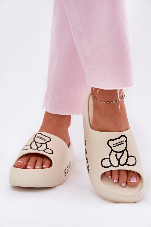 Ladies Foam Slippers On Massive Sole With Bear Light Beige Lamira