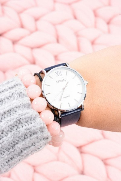 Stylowy Skórzany Granatowy Damski Zegarek Ernest