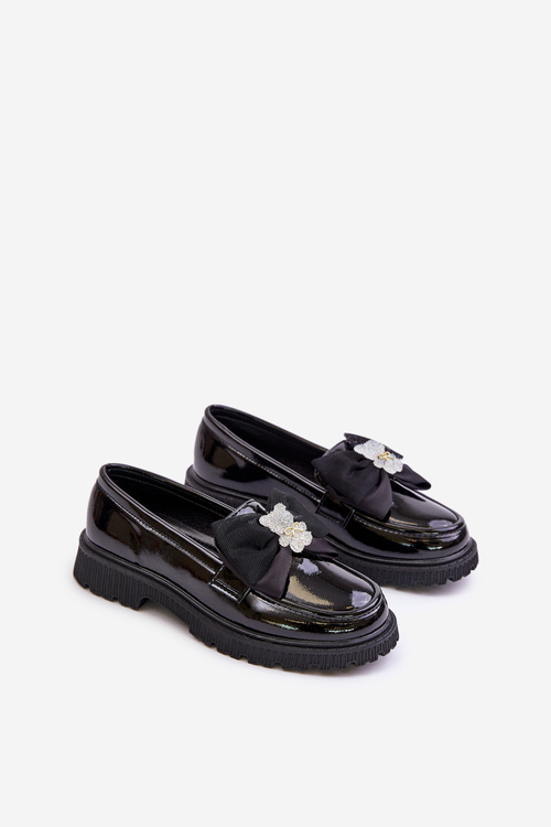 Eko Skórzane Mokasyny Dla Dziewczynki Z Kokardką Lakierowane Czarne Avallesa