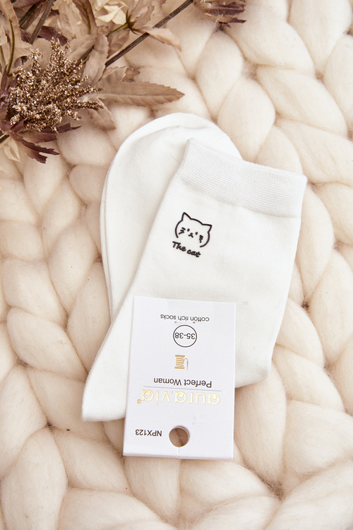 Women's Plain Socks with Cat White
