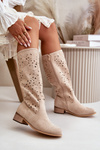 Ladies Perforated Ankle Boots On Low Heel Eco Suede Zip Fastening Light Beige Orchides