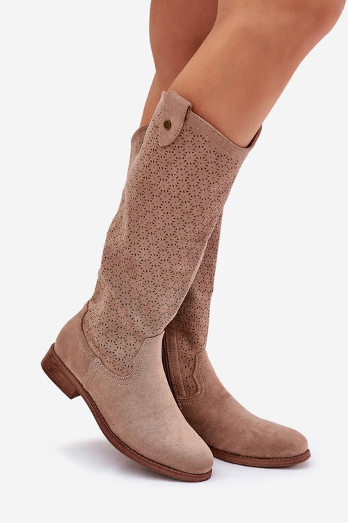 Flat Heeled Boots With Perforated Pattern Beige S.Barski HY51-062