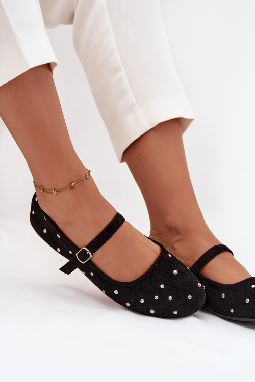 Embellished Women's Ballerinas with Strap Black Olivisse