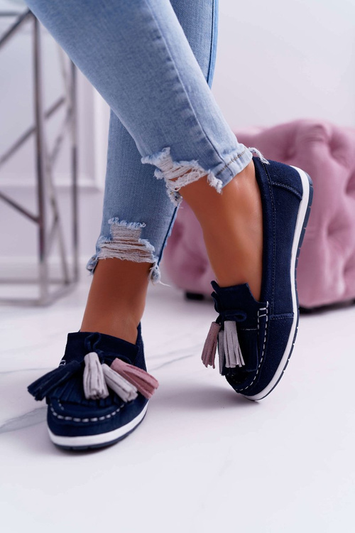 Women's Leather Suede Tassel Moccasins Navy Blue Batist
