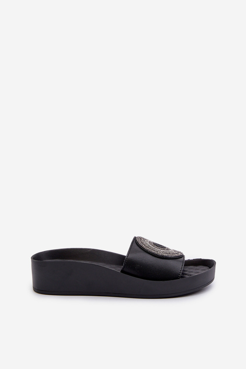 Women's Black Leather Slides with Decoration S.Barski KV27-019