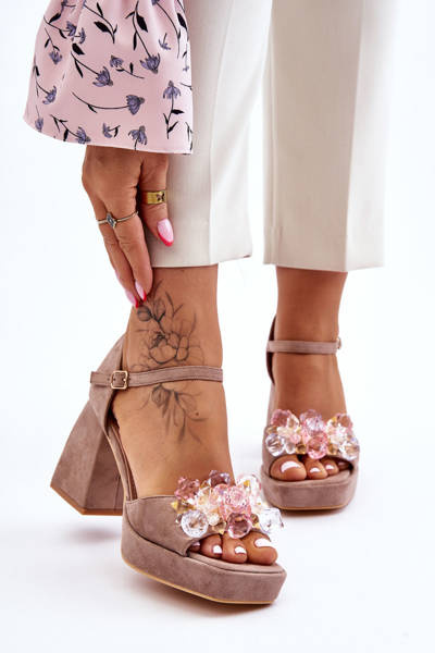 Fashionable Sandals With Crystals On Chunky Heels Dark beige Garrett