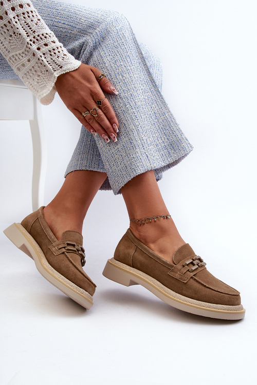 Women's Suede Loafers with Flat Heel and Decoration D&A TW101 Brown