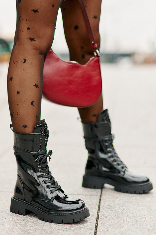 Lacquered Insulated Work Boots With Decoration Black Kelilea