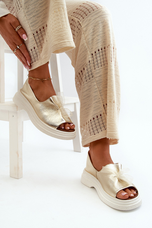 Women's Leather Sandals with Golden Bow Zazoo 2939