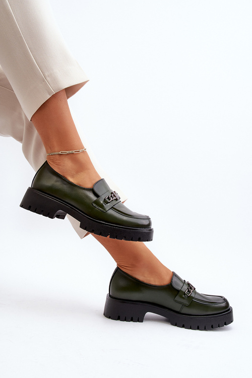 Women's Leather Moccasins with Decoration Dark Green Loraleima