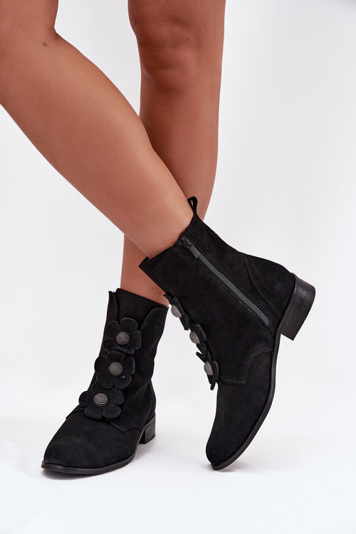 Suede women's ankle boots Zazoo 3085 black with decorative flowers