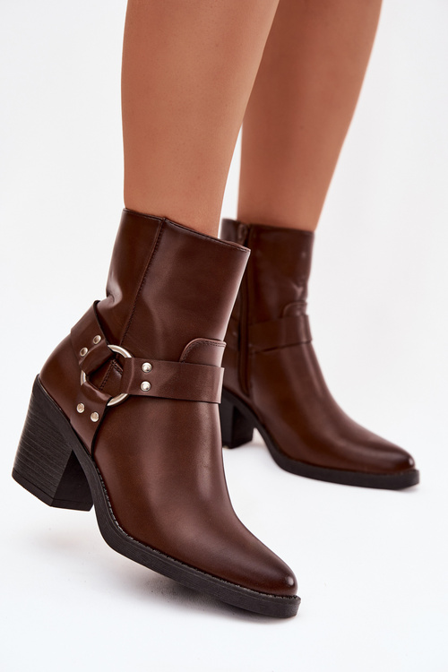 Damskie Botki Obcas Słupek Ocieplane Z Ozdobnym Elementem Brązowe Jurelle